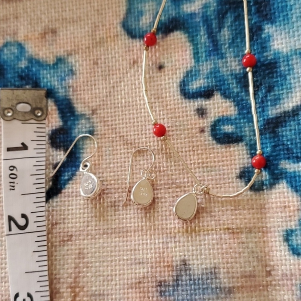 Sterling Silver and Coral .925 Necklace and Earrings Set - Picture 14 of 16